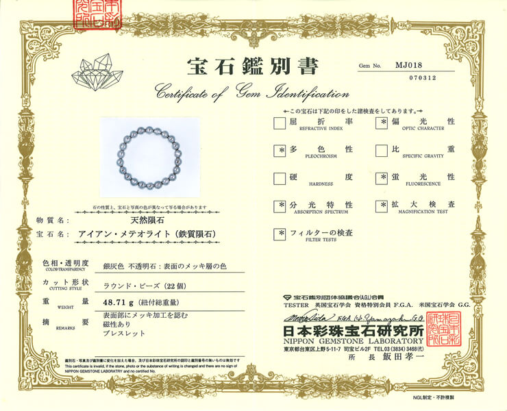 ギベオン 宝石鑑別書