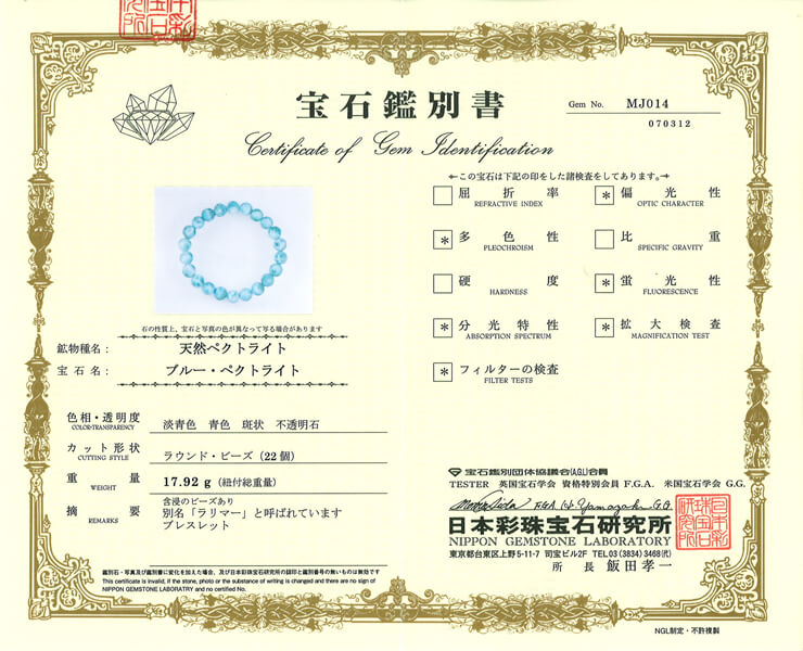 ラリマー 宝石鑑別書